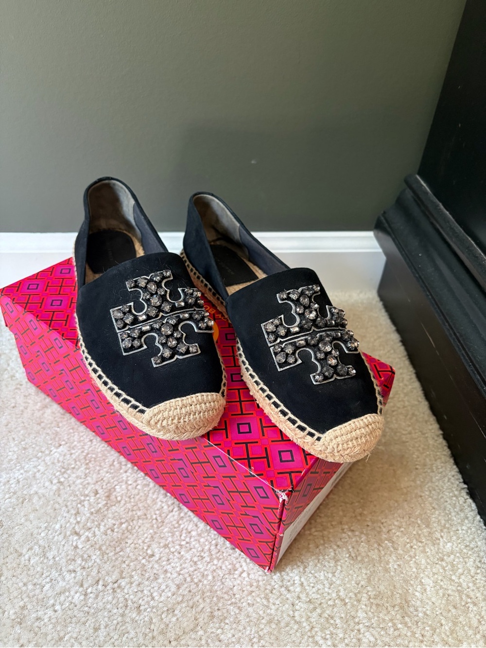 Tory Burch Black Suede Espadrille Slip-Ons with Jeweled Logo